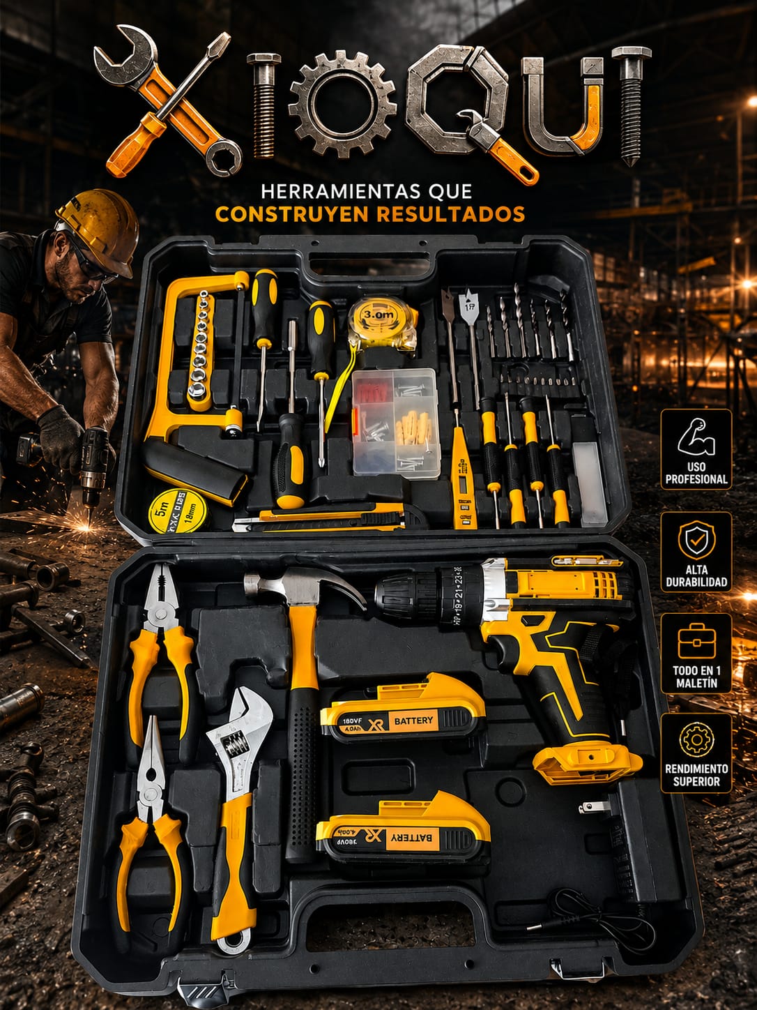 TALADRO PERCUTOR INALÁMBRICO 180V + KIT PROFESIONAL DE HERRAMIENTAS 🔧 | ¡TODO LO QUE NECESITAS EN UN SOLO MALETÍN!